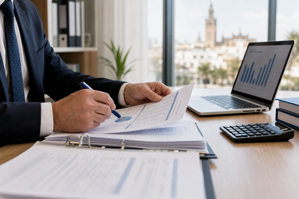 Profesional revisando informes fiscales y planificación tributaria en Sevilla